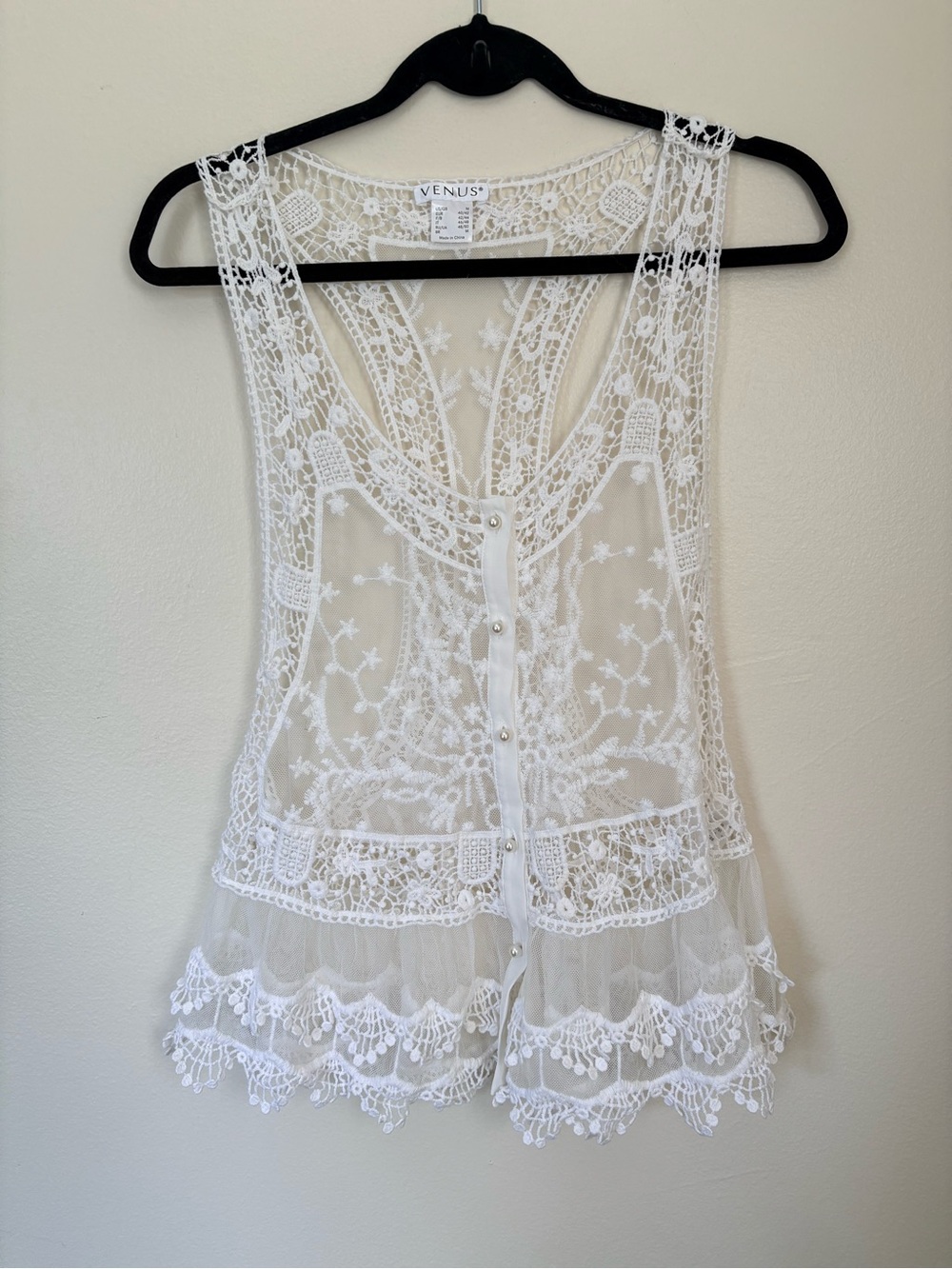 VENUS Boho White Sheer Lace Button-Front Vest Size Medium